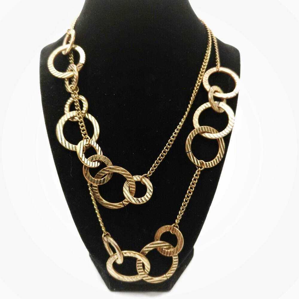 Long Necklace Gold Tone Artsy Boho Circle Metal Chain Opera Flapper Length